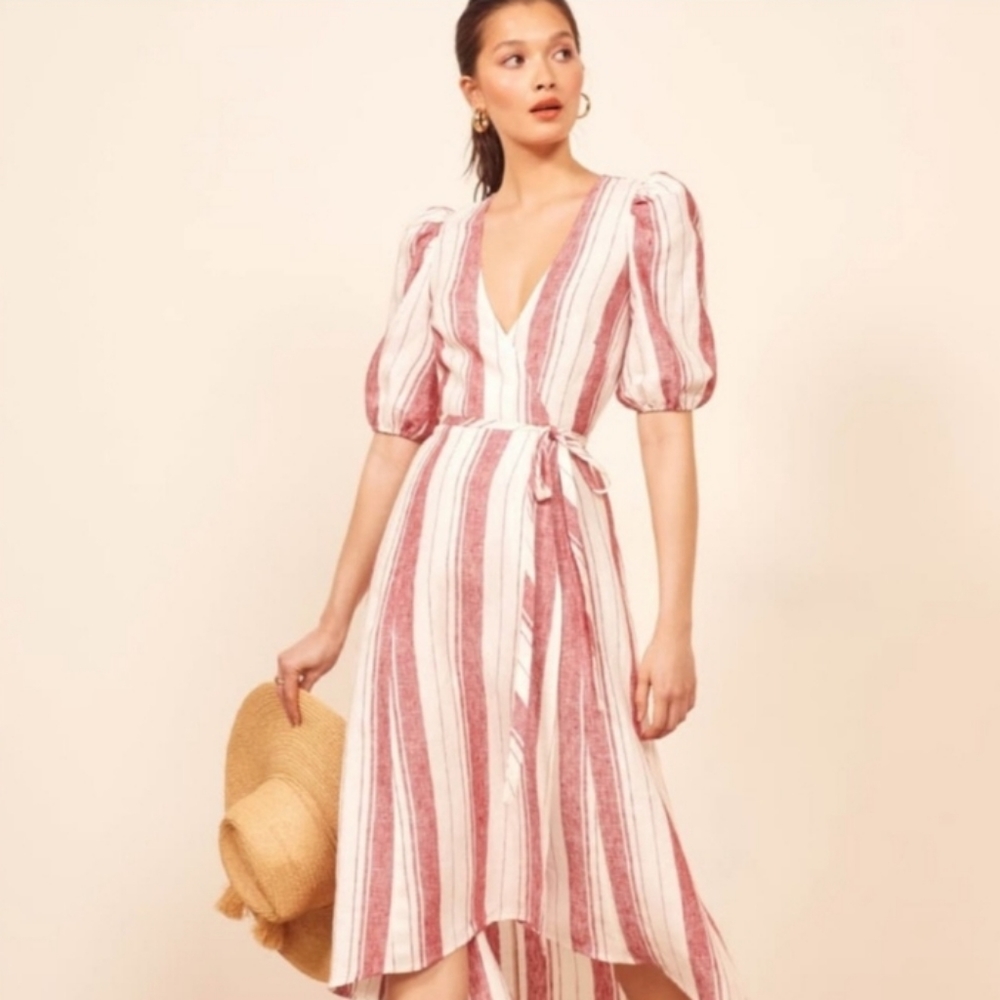 Reformation Wavea Linen Wrap Dress in Savannah Stripe